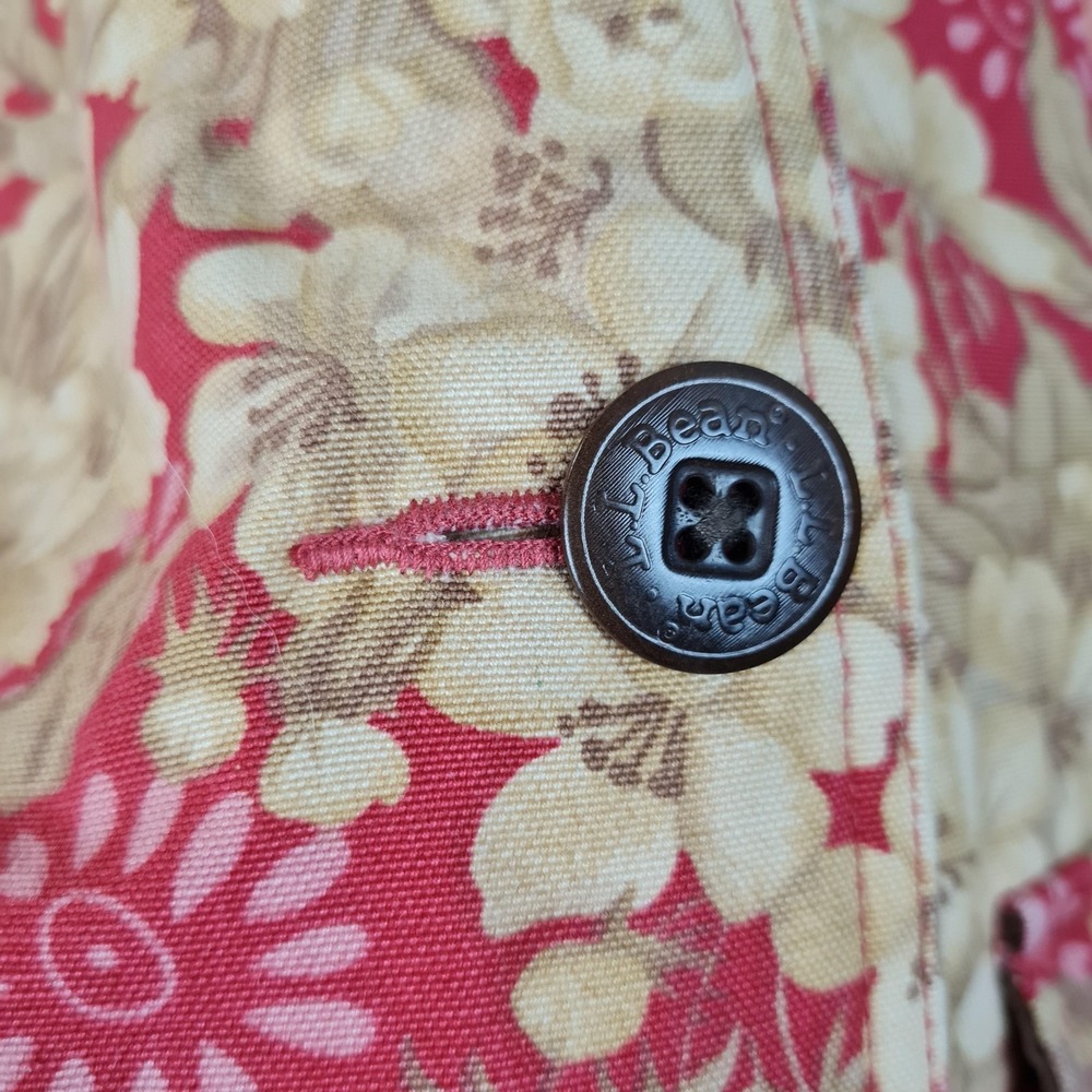 LL Bean Jacket Womens Medium Red Floral Canvas Corduroy Collar Lined Barn Coat - Picture 7 of 16